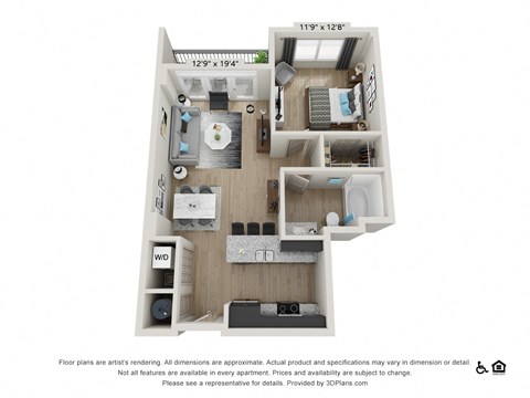 Floor plan for 1 bed, 1 bath, 716 sqft